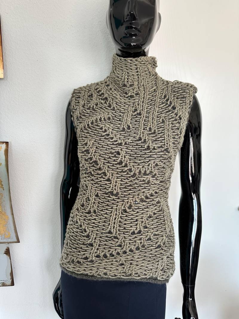 Ekle Original Vintage 90S Olive Grün Meliert, Strick Pullunder Wolle Alpaca Lochmuster Neu Rollkragen 40/L. Top Made in Italy Designer von SamatimeVintage