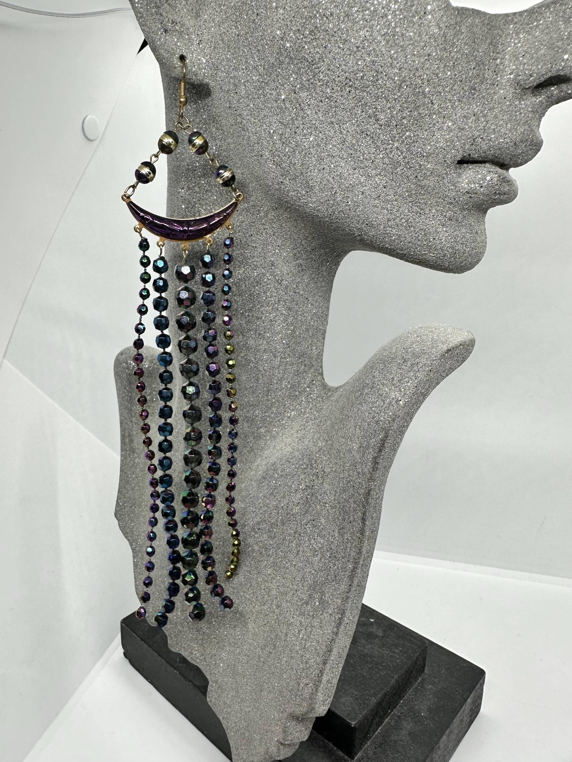 Extravagante Lange Ohrringe, Hänger, Kunstperlen, 1980Er Bunt Lila 22cm Vintage Stilecht Leicht Kostümparty Retro Germany Lang Gelb von SamatimeVintage