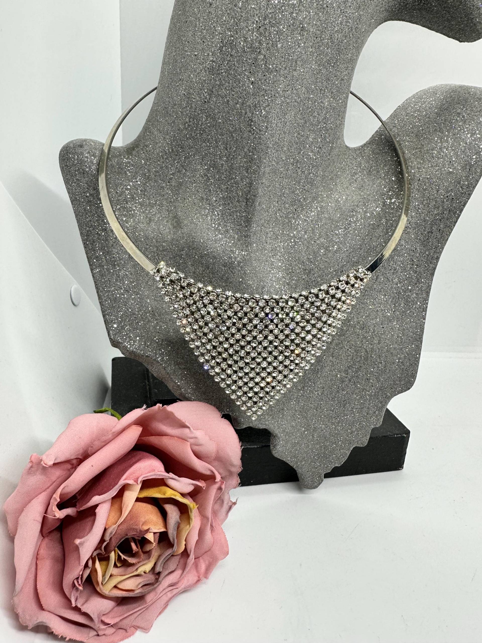 Halskette Germany Chocker Versilbert Vintage Zirkonia, Edelstahl Glitzer Party Designer Strass Edel Wie Neu von SamatimeVintage