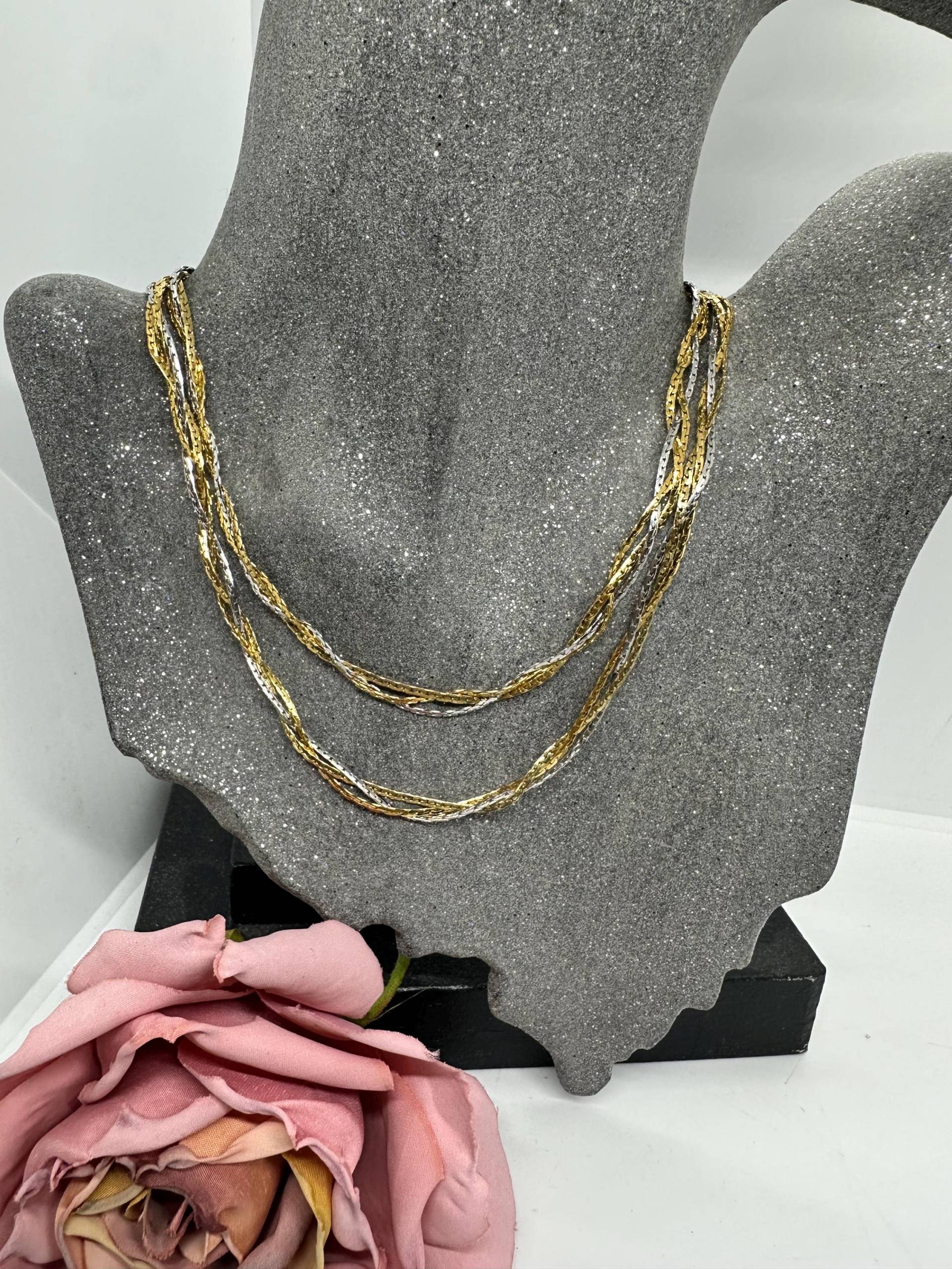 Lange Kette Gliederkette Halskette, Edelstahl, Vintage Vergoldete Bicolor 1990S Ausgefallen Elegant 84cm Neu Geflochten Zweifach von SamatimeVintage