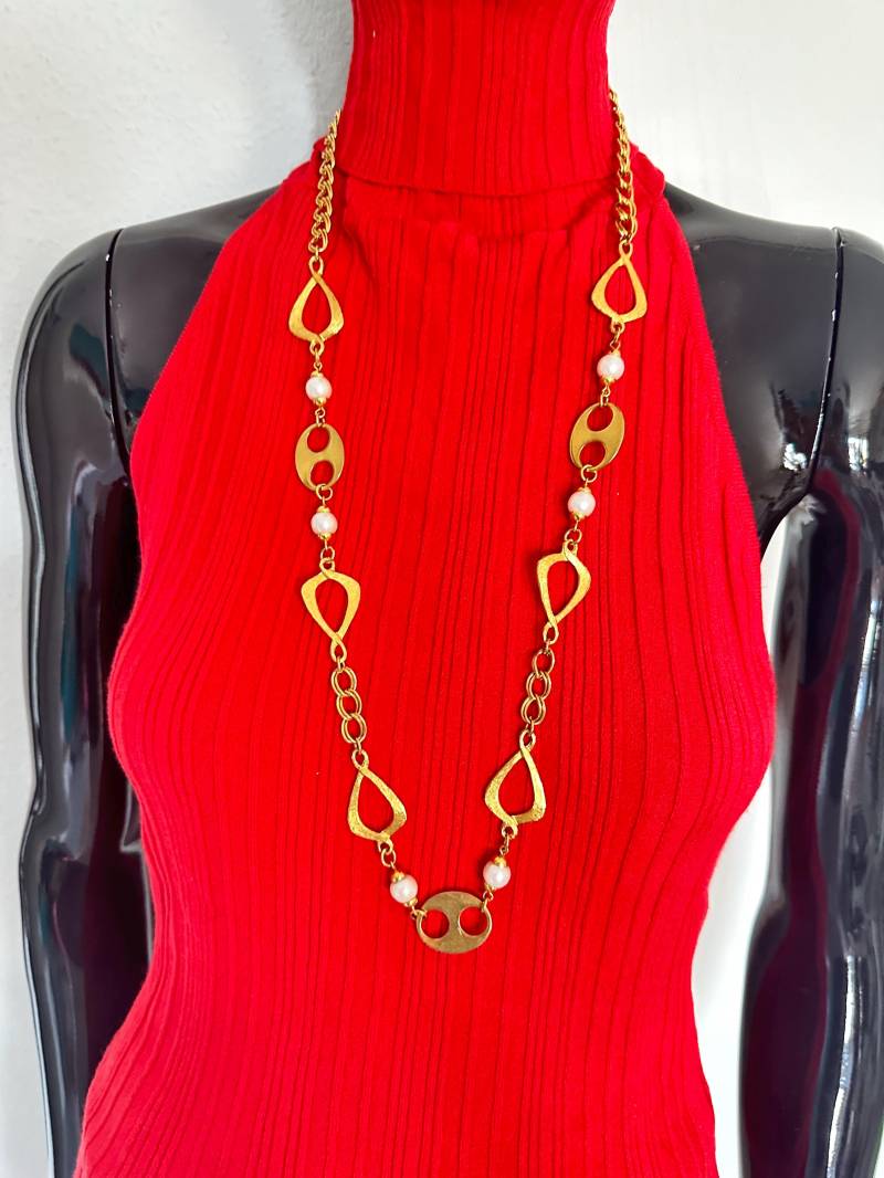 Lange Kette Gliederkette Halskette, Edelstahl, Vintage Vergoldete Perlen 1990S Ausgefallen Elegant 80cm Neu von SamatimeVintage