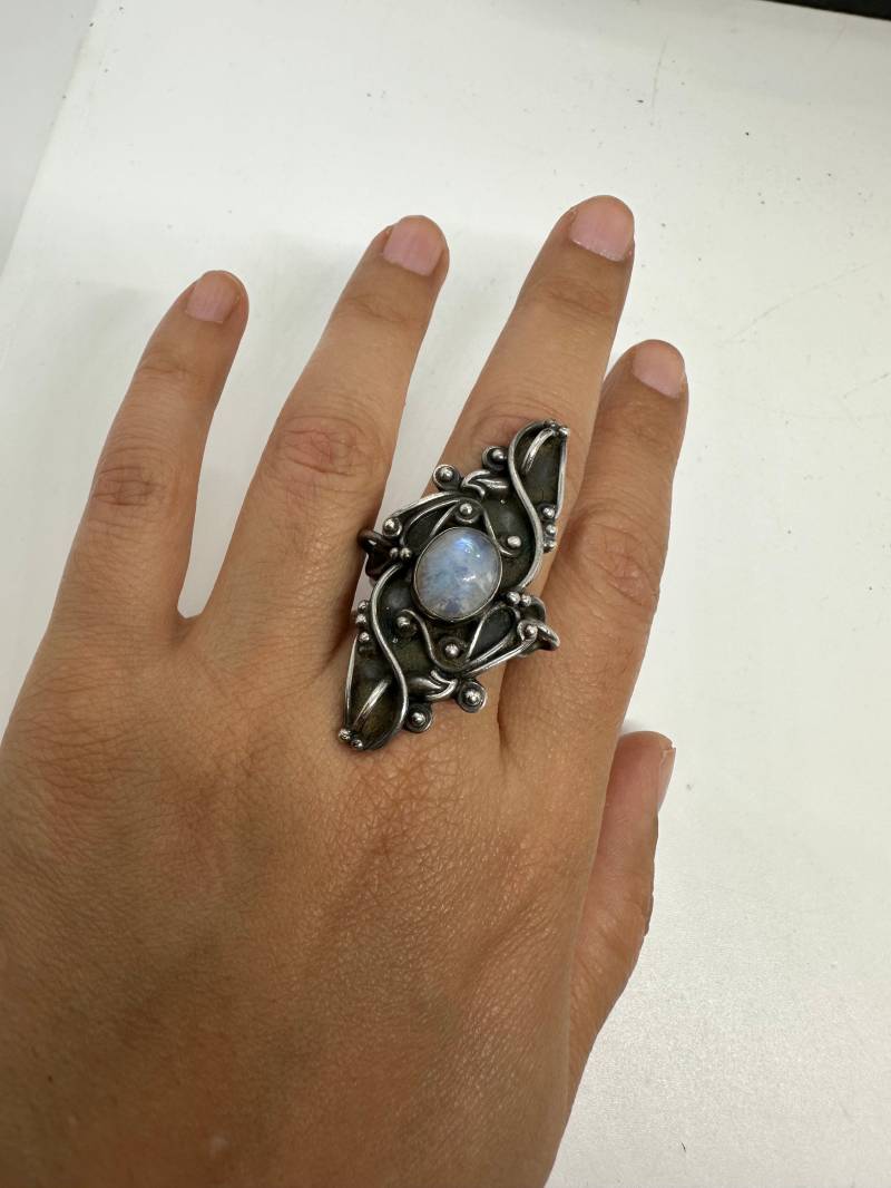 Mondstein Regenbogen Ring Silber 18, 5mm/58 Unikat Designer Massiv Vintage Cabouchon Blau Halbedestein Groß Germany Gift von SamatimeVintage