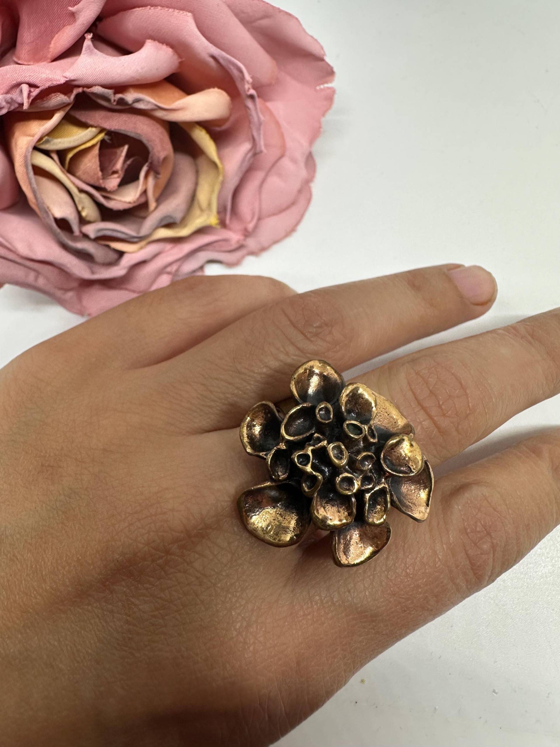 Renmoos Ring Verstellbar Designers Hannu Ikonen Aus Skandinavien Made in Finnland Vintage 1970Er Bronze Moosblüte Retro One Size Groß von SamatimeVintage