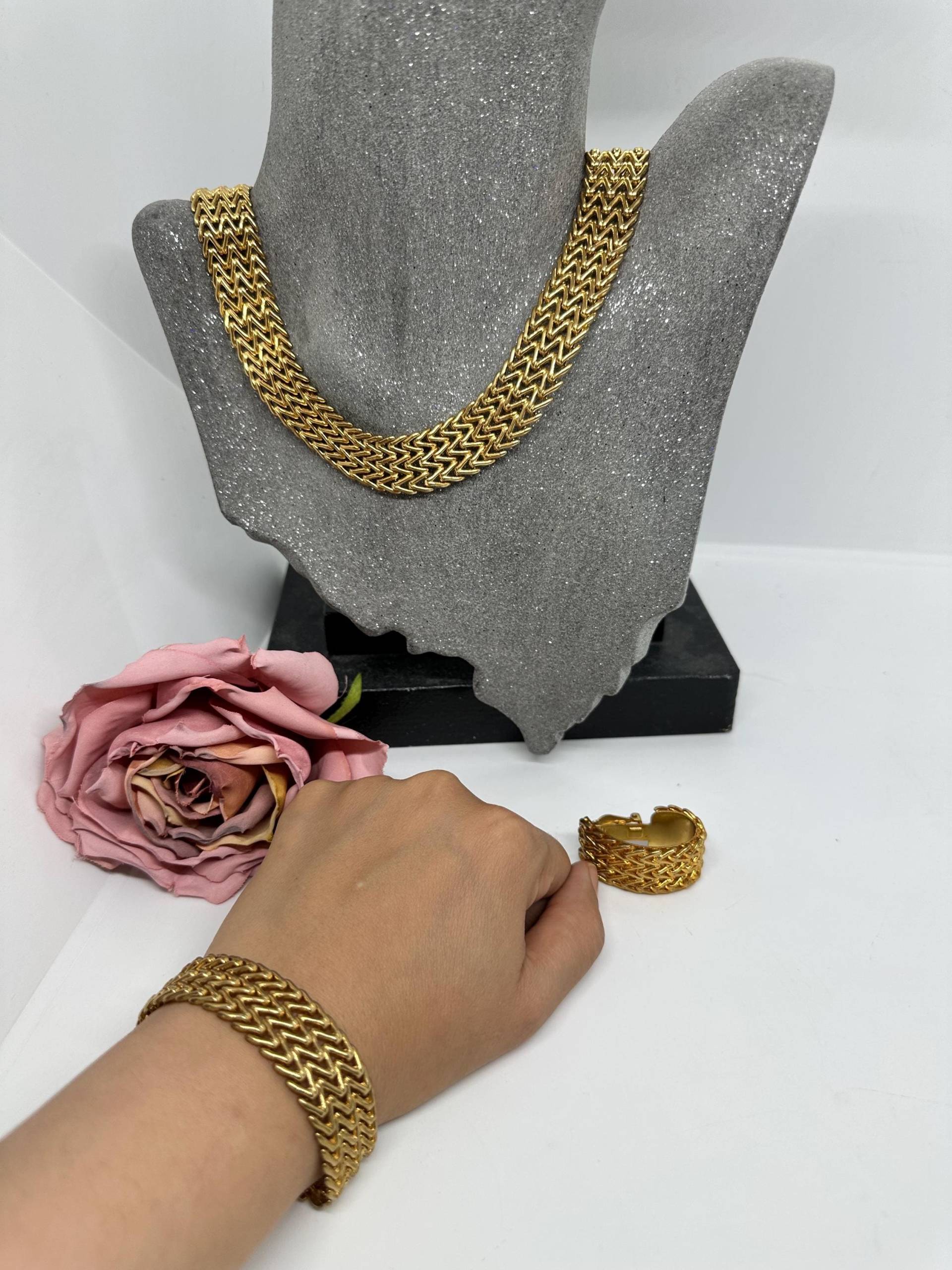 Set Halskette, Armband Clips 60cm Edelstahl, Vintage Vergoldet, Kurz 90Er Jahre 90S Gliederkette, Gittermuster Germany von SamatimeVintage