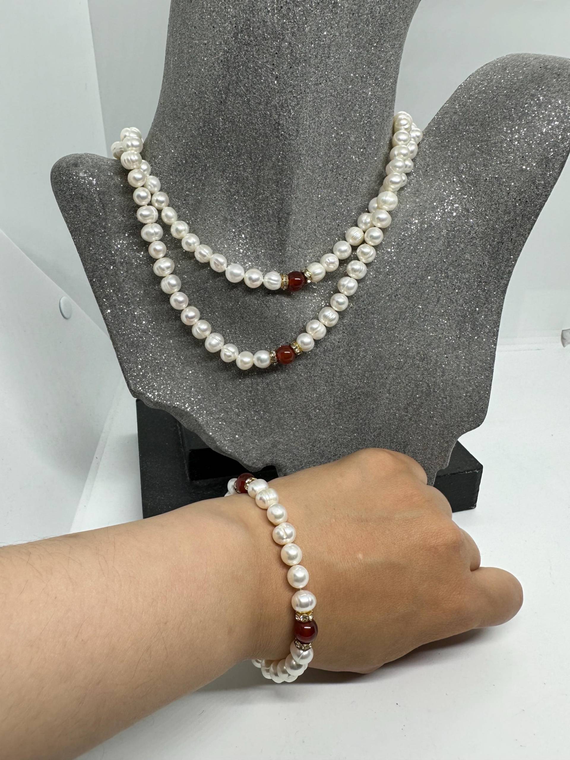 Süsswasserperlen Schmuckset Collier Halskette Zweireihig Armband Vergoldet Vintage Rot Karneol Wie Neu von SamatimeVintage