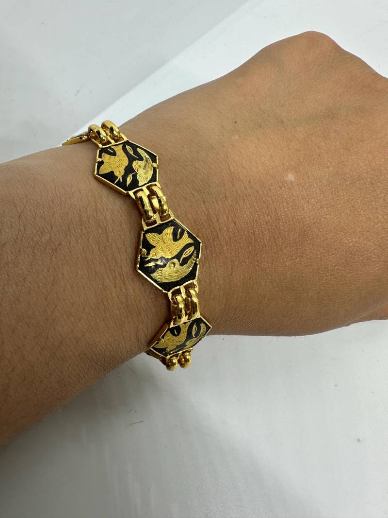 Toledogold Armband Gliederarmband Damaszener Vintage 1980 Top Zustand Vergoldet Vögel Spain Handarbeit Schmuck Retro von SamatimeVintage