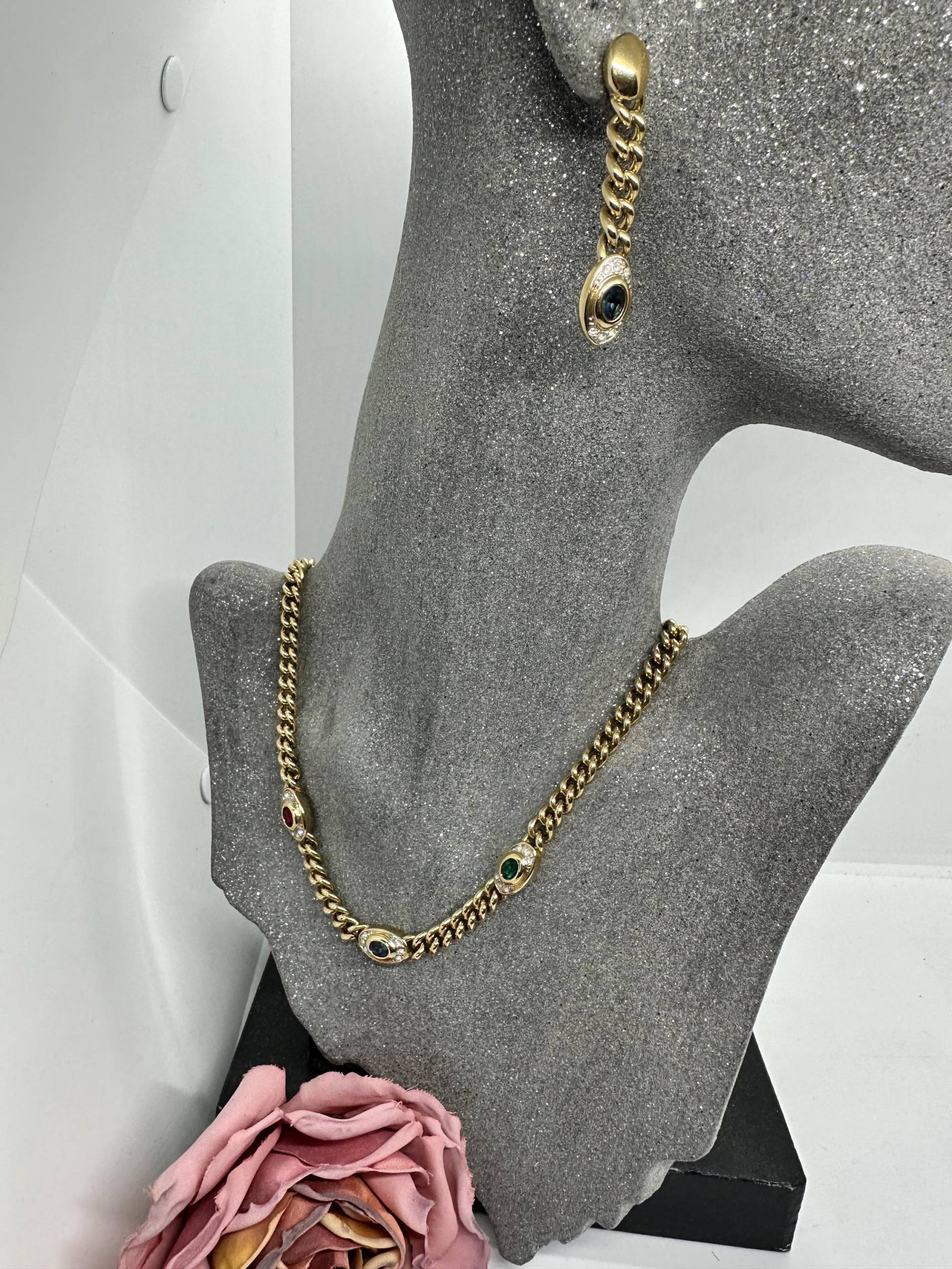 Vergoldete Halskette Ohringe Set Edelstahl, Vintage, Kurz, Strass 90Er Jahre 90S Gliederkette, Zirkonia Bunt Panzerkette Hänger Germany von SamatimeVintage