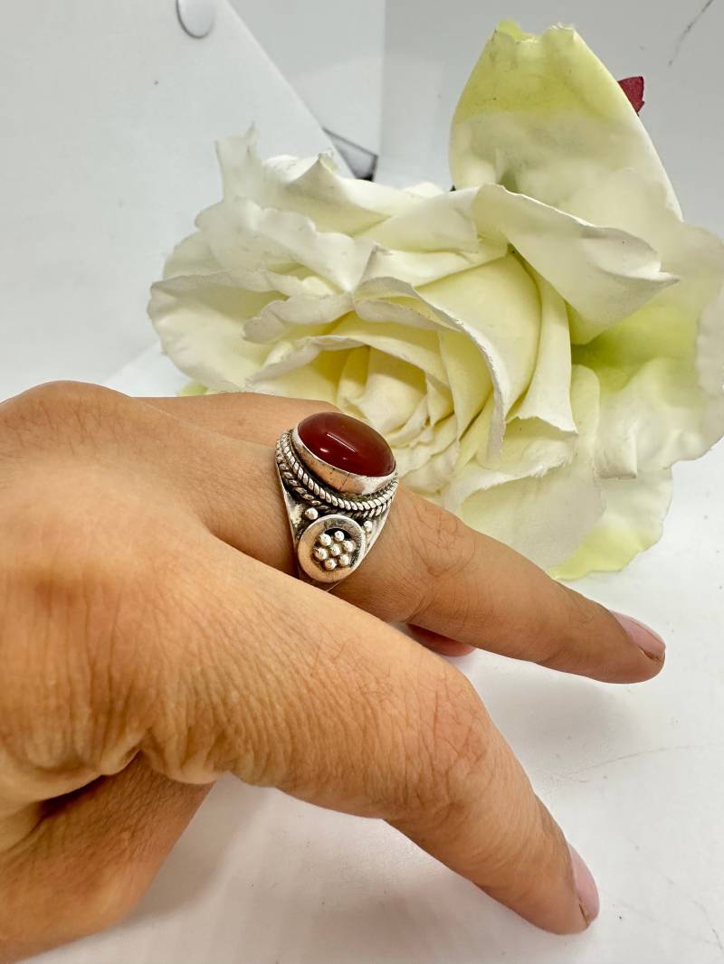Vintage Ring 925 Echtsilber Karneol Rot Boho Indien Wie Neu 19mm 61 Super Zustand Unisex Damen Herren 1990Er von SamatimeVintage