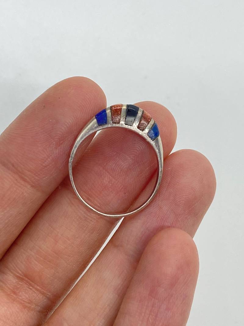 Vintage Ring 925 Filigran Blau Schwarz Multicolour Edelsteine Lapizlazuli Goldfluss Onyx Echtsilber Wie Neu 17, 5/54 1970Er von SamatimeVintage