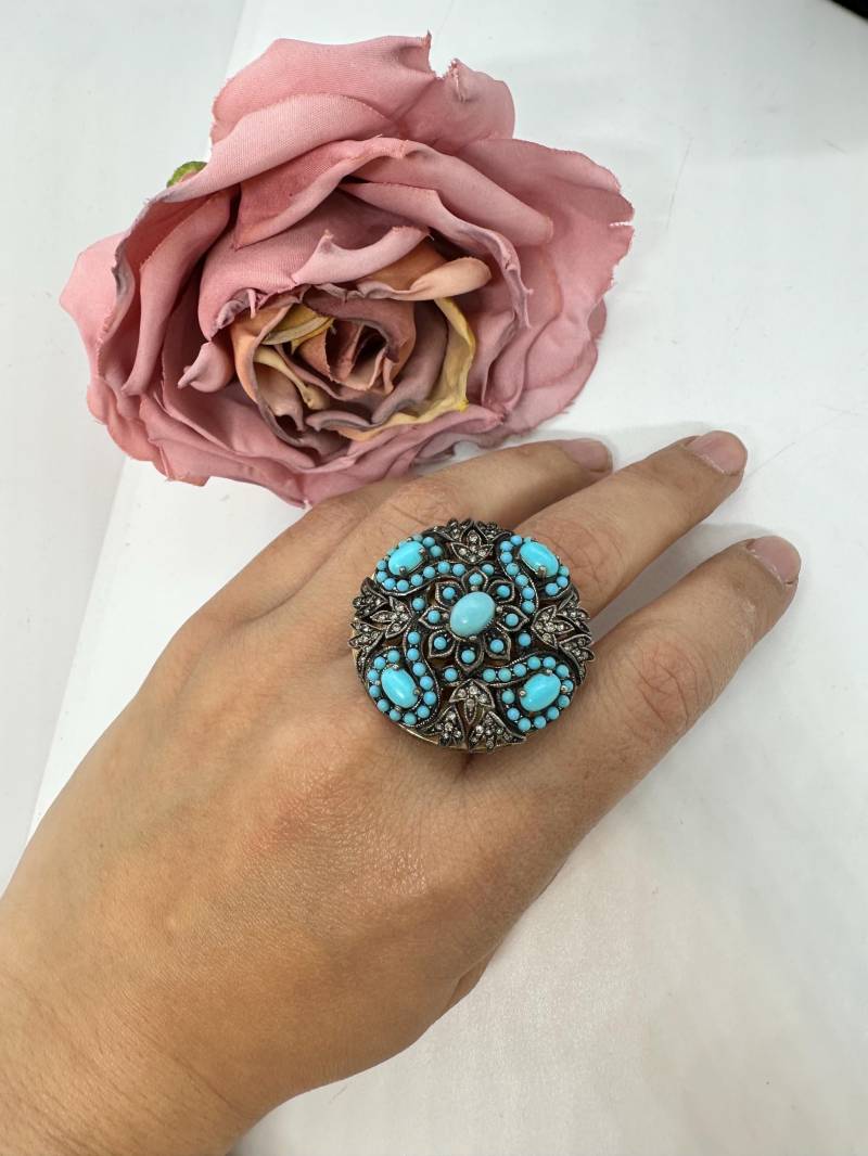 Vintage Ring 925 Rund Türkis Extravagant Groß Halbedelstein Echtsilber Neuwertig 18mm/56 2000Er Orientalisch Zirkonia Massiv Handarbeit von SamatimeVintage