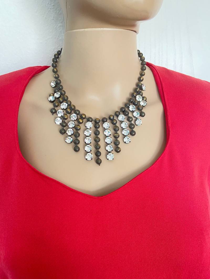 Zeitlos Elegante Design Kette Vintage Bronze Perlen Strass Braun Statement Germany 1990Er Zirkonia Retro von SamatimeVintage