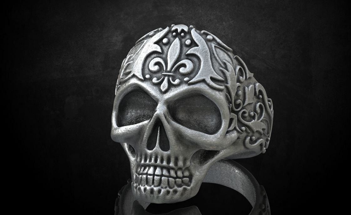Schädel Sterling Silber Ring, Graviert, Biker-Ring, Schädel-Ring, Schlechten Biker Schmuck von SamboraDesign