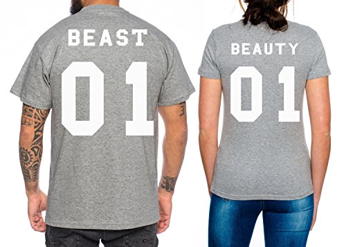 Beast Beauty Partner Look Pärchen T-Shirt Set für Pärchen als Geschenk, Farbe:Dunkelgrau Meliert;Größe:Damen Gr. S + Herren Gr. 3XL von Sambosa