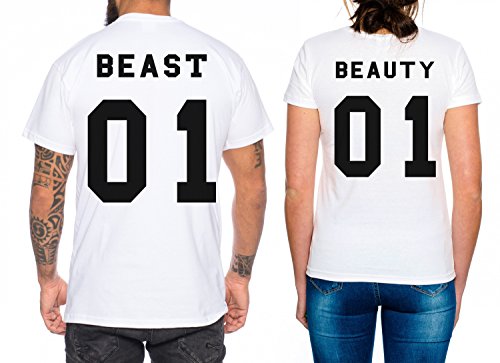 Beast Beauty Partner Look Pärchen T-Shirt Set für Pärchen als Geschenk, Farbe:Weiss;Größe:Damen Gr. S + Herren Gr. L von Sambosa