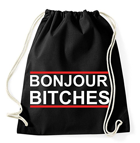 Bonjour Bitches Gym Bag Turnbeutel Rucksack Sport Hipster Style in 8 Farben, Farbe:Schwarz von Sambosa