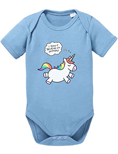 Einhorn I Dont Believe in Humans Baby Strampler Body, Größe:74;Farbe:Babyblau von Sambosa