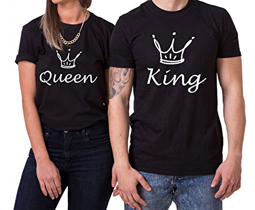 Fun King Queen Partner Look Pärchen Valentinstag T-Shirt Set, Größe:M;Partner Shirts:Damen T-Shirt Schwarz von Sambosa