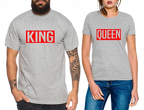 Levi Partner Look Pärchen T-Shirt Set King Queen für Pärchen als Geschenk, Farbe:Dunkelgrau Meliert;Größe:Damen Gr. M + Herren Gr. M von Sambosa