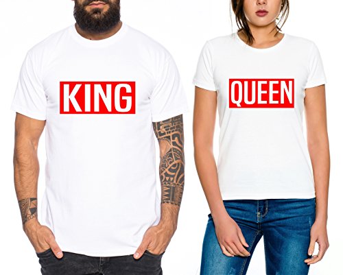 Levi Partner Look Pärchen T-Shirt Set King Queen für Pärchen als Geschenk, Farbe:Weiss;Größe:Damen Gr. S + Herren Gr. M von Sambosa