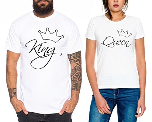 Line Partner Look Pärchen T-Shirt Set King Queen für Pärchen als Geschenk, Farbe:Weiss;Größe:Damen Gr. S + Herren Gr. L von Sambosa