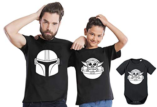 Mandalorian Yoda - Partner - T-Shirt Papa Vater Sohn Kind Baby Strampler Body Partnerlook, Größe:122-128, T-Shirts:Kinder T-Shirt Schwarz von Sambosa