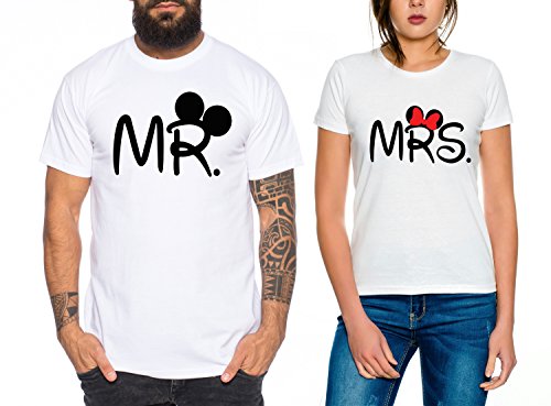 Mr Mrs Partner Look Pärchen T-Shirt Set für Pärchen als Geschenk, Farbe:Weiss;Größe:Damen Gr. L + Herren Gr. L von Sambosa