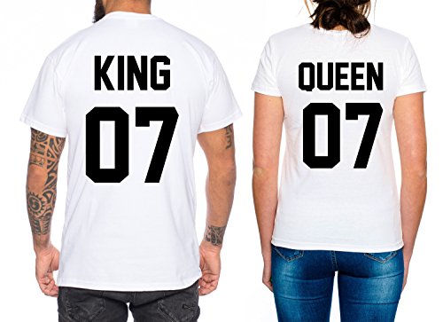 Partner Look Pärchen T-Shirt Set King Queen für Pärchen als Geschenk, Farbe:Weiß;Größe:Damen Gr. M + Herren Gr. XL von Sambosa