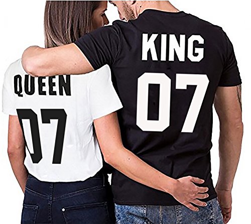 Partner Look Pärchen T-Shirt Set King Queen für Pärchen als Geschenk in versch. Farben S-4XL, Größe:Damen Gr. L + Herren Gr. XL von Sambosa