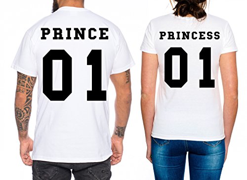 Partner Look Pärchen T-Shirt Set Prince Princess für Pärchen als Geschenk in versch. Farben S-4XL, Farbe:Weiss;Größe:Damen Gr. S + Herren Gr. L von Sambosa