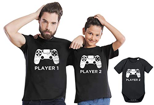 Player 1 2 - Partner - T-Shirt Papa Vater Sohn Kind Baby Strampler Body Partnerlook von Sambosa