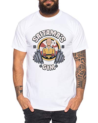 Saitama Gym - Herren T-Shirt Son Ruffy Luffy Saitama One Dragon Goku Ball Vegeta Punch Man Piece, Größe:L, Farbe:Weiß von Sambosa