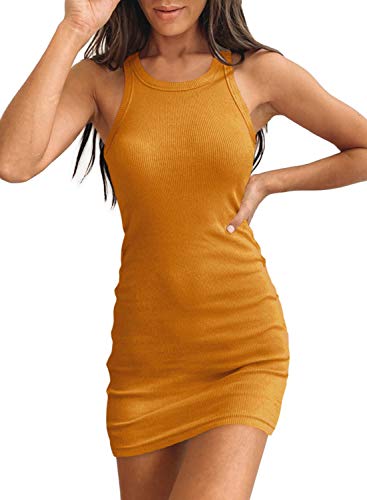 Samefar Damen gerippter Rundhalsausschnitt ärmelloses Tankkleid Basic Bodycon Minikleid - Gelb - Groß von Samefar