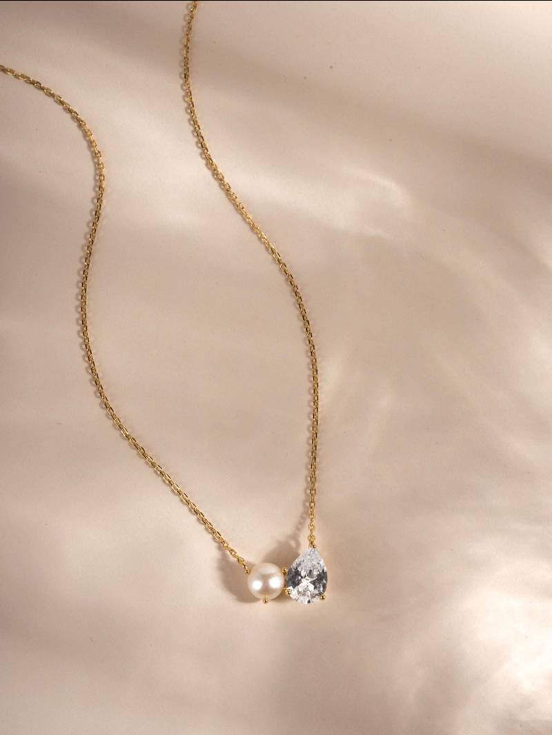 Toi Et Moi Halskette, Halskette Mit Diamant Und Perle, Tear Drop Charm Perlen Anhänger Braut Brautjungfer Schmuck von SamiJEWELS