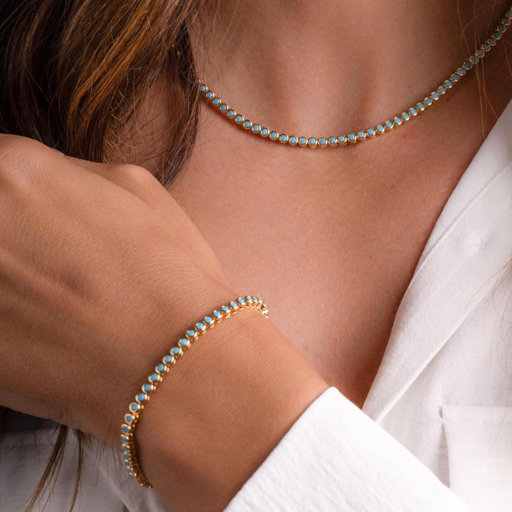 Türkis Tennis Halskette, Layering Schmuck, Zierlicher Sommer Brautjungfer Geschenk, Geschenk Für Sie von SamiJEWELS