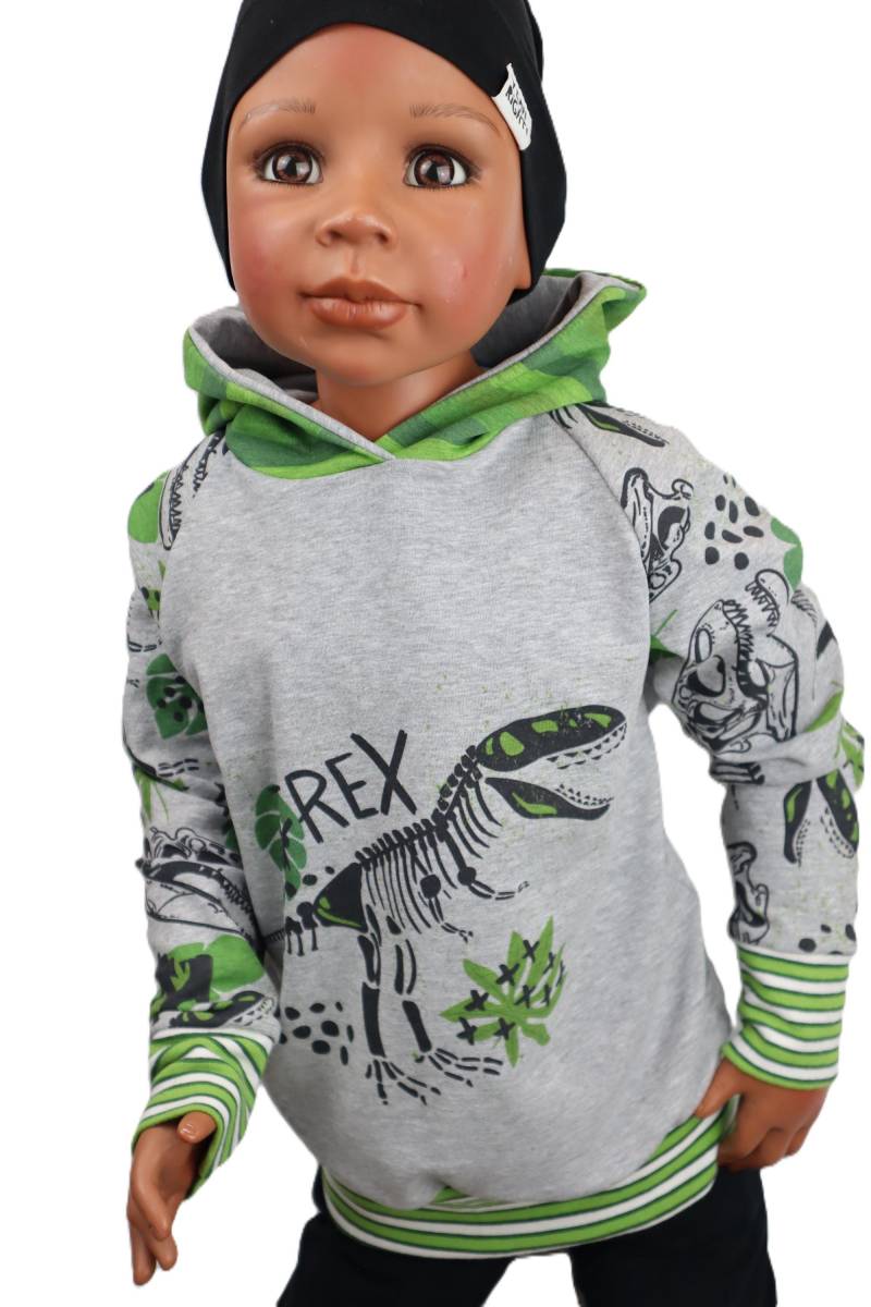 Hoodie 110 Bio French Terry Dino Dinosaurier Grau Meliert Grün Kinderkleidung Samiri-Kids Handmade von SamiriKids