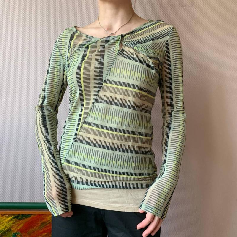 Expresso Y2K Mesh Layered Sheer Langarm Gestreiftes Hemd | Stil Der 2000Er Jahre Indie Streetwear Grün Beige See-Through Bluse Cyberkern von Samistshop