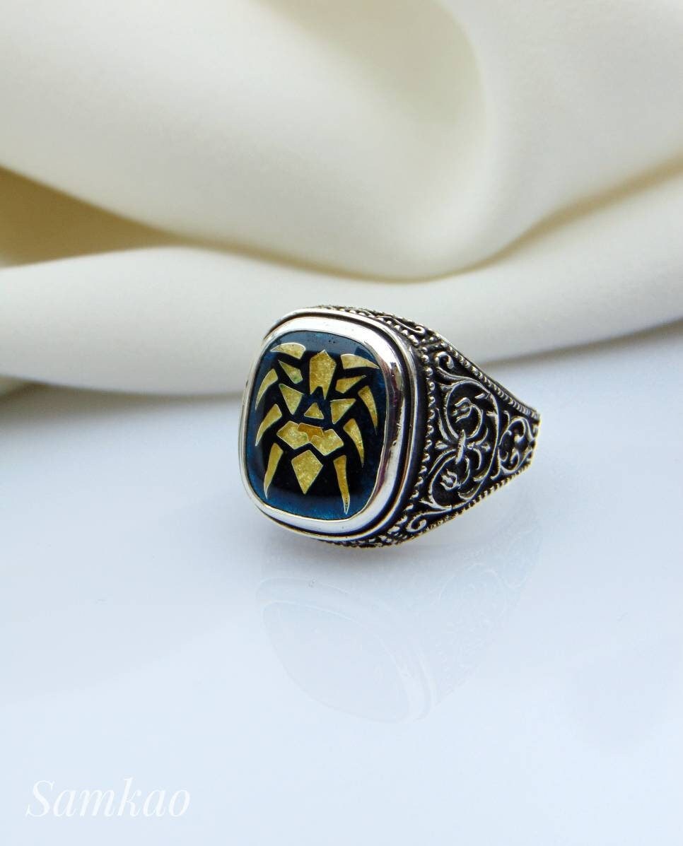 Cloisonne Emaille Ring Für Männer, Handarbeit Man Ting, Sterling Silber Unikat Ring, Antik Herren Ring, Löwenkopf Ring, Geschenk Ihn, Silber 925 von SamkaoEnamel