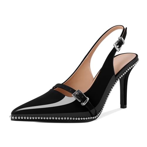 SAMMITOP Damen Slingback High Heels Geschlossene Spitze Perlen Pumps Stilettos Schnalle Party Hochzeit Tanz Abschlussball Elegante Komfortschuhe 8,9 cm, Schwarz, 38 EU von Sammitop