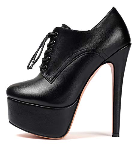Sammitop Damen Runde Zehenpartie Schnürung Stiefeletten Plateau High Heel Pumps Party Kleid Schuhe, mattschwarz, 40 EU von Sammitop