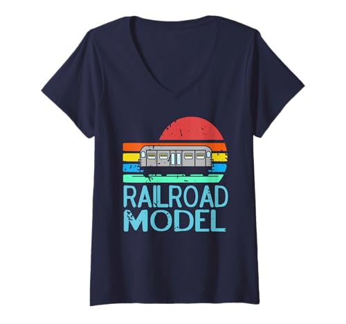 Damen Retro Szene mit U-Bahn Modelleisenbahn Fan T-Shirt mit V-Ausschnitt Damen Retro Szene mit U-Bahn Modelleisenbahn Fan T-Shirt mit V-Ausschnitt von Sammler U-Bahn Zug Miniatur Hobby