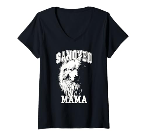 Damen Samojede Mama - Flauschiger weißer Hund T-Shirt mit V-Ausschnitt von Samojede Hund Porträt Haustier Illustration