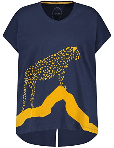 Samoon Damen Kurzarmshirt mit Leopard-Motiv überschnittene Schultern, Kurzarm Frontprint, unifarben Mood Blue Gemustert 56 von Samoon