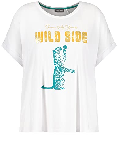 Samoon Damen T-Shirt mit Animal-Print mit Ärmelaufschlag, Kurzarm Frontprint White Gemustert. 48 von Samoon