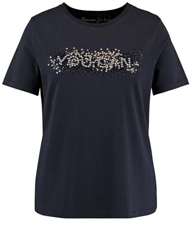 Samoon Damen T-Shirt mit Pailletten-Wording Kurzarm Frontprint, unifarben Navy 48 von Samoon