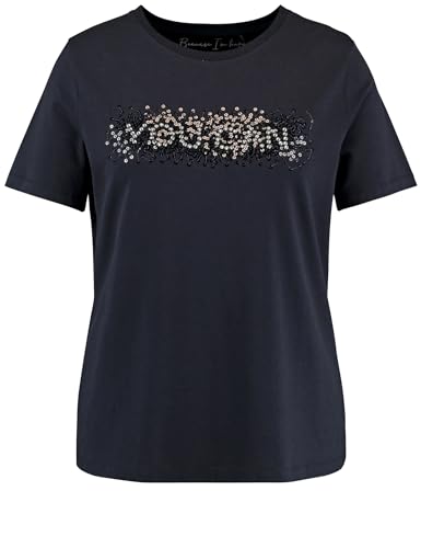 Samoon Damen T-Shirt mit Pailletten-Wording Kurzarm Frontprint, unifarben Navy 56 von Samoon