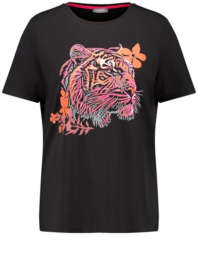 Samoon Damen T-Shirt mit Tigerkopf Kurzarm Frontprint Black Gemustert 46 von Samoon