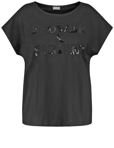 Samoon Damen T-Shirt mit verziertem Wording überschnittene Schultern, Kurzarm unifarben, Frontprint Black Gemustert 46 von Samoon