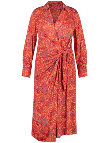 Samoon Damen Wickelkleid mit Knoten-Detail Langarm, Manschetten Gemustert wadenlang Power Red Gemustert 52 von Samoon