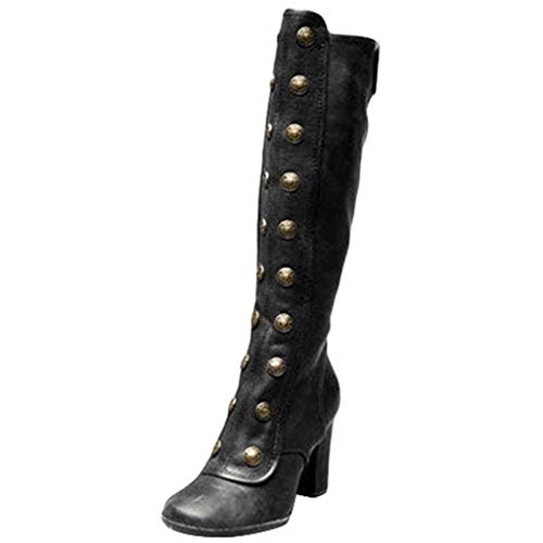 Samore Damen Stiefeletten Overknees Stiefel Mode Retro Niet Römische Ritterstiefel Einfarbig Leder Runder Kopf Langschaftstiefel mit Blockabsatz Kunstleder Biker Motorradstiefel Cowboystiefel von Samore