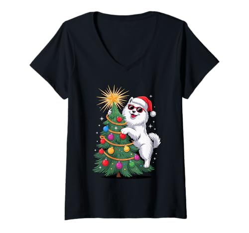 Damen Christmas Tree Samoyed Sunglasses Sammies T-Shirt mit V-Ausschnitt Damen Christmas Tree Samoyed Sunglasses Sammies T-Shirt mit V-Ausschnitt von Samoyed Dog Lover Gifts